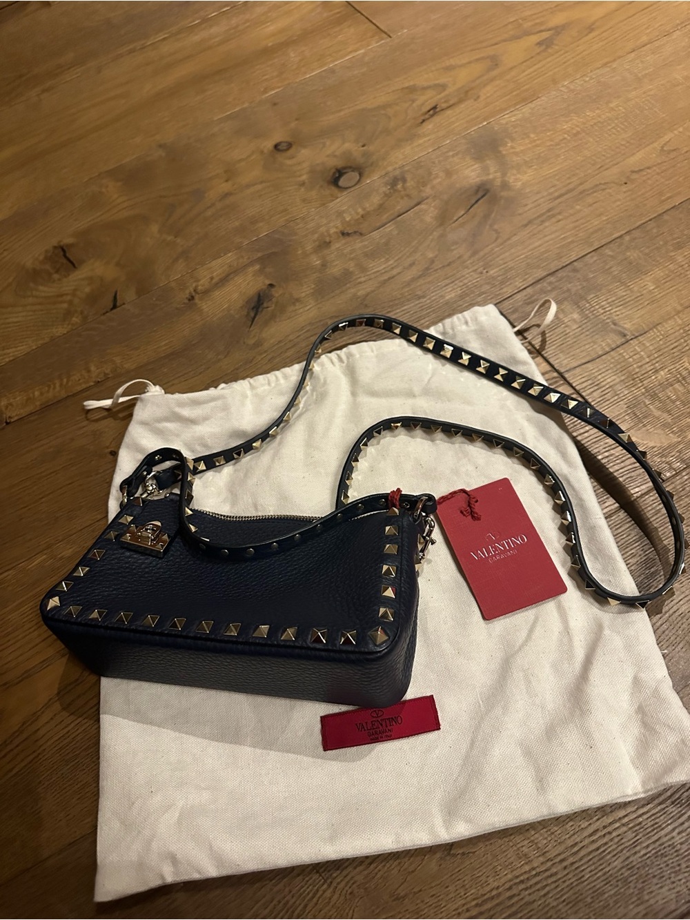 Valentino Navy Leather Crainy  Calfskin Rockstud Trim Crossbody Bag